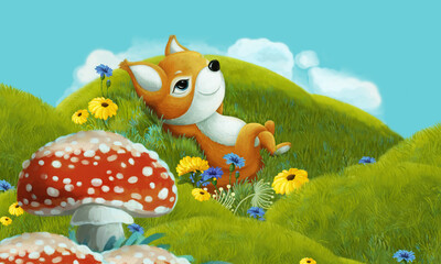 Naklejka premium cartoon scene with forest animal on the meadow having fun - illustration