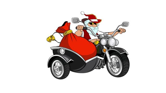 Santa Claus Motorcycle. Looping animation. Santa Claus rides a motorcycle with a sidecar and a bag of Christmas gifts