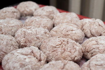 Many homemade cutlets, raw, not fried. Frozen foods, semi-finished products.