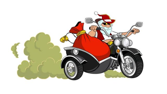 Santa Claus Motorcycle with smoke. Looping animaion. Santa Claus rides a motorcycle with a sidecar and a bag of Christmas gifts