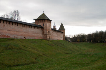 Fototapeta na wymiar fortress wall of the old Kremlin, Veliky Novgorod, autumn 2020