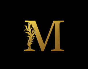 Classic Letter M Icon. Luxury Gold alphabet arts logo. Vintage Alphabetical Icon for book design, brand name, stamp, Restaurant, Boutique, Notary, Hotel.
