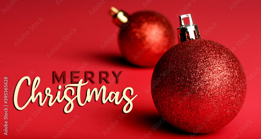Canvas Prints Glitter ornaments on red background with Merry Christmas text. - Canvas Prints