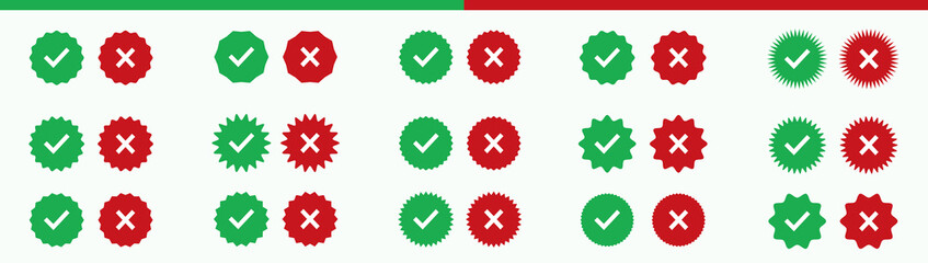 Button icons for: Accepted Rejected, Approved Disapproved, Yes No, Right Wrong, Green Red, Correct False OK Not Ok. Tick vector mark web symbols in green and red.