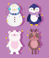 merry christmas snowman penguin bear and reindeer decoration and celebration icons