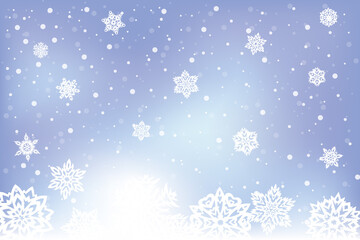 Naklejka na ściany i meble Vector abstract winter soft violet blue background with falling snow and patterned snowflakes.