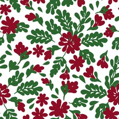 All over seamless vector botanical floral repeat pattern with tossed red and green Christmas  flowers  with branches, leaves and twigs