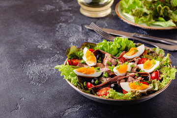 salad Nicoise with tuna, eggs, green beans, tomatoes,  olives, lettuce and anchovies