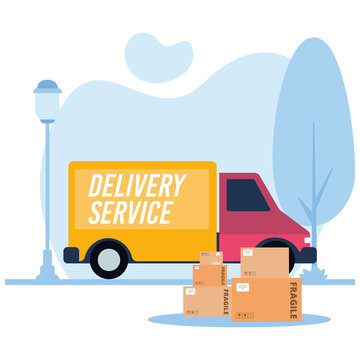 Yellow small truck delivery fast logo icon- Vector