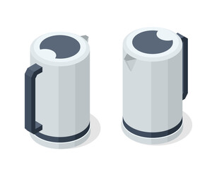 Isometric Electric Kettle front and back view in vector design. Kitchen equipment, domestic device isolated on white background.