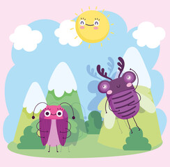cute insects cartoon landscape mountains sun clouds