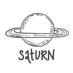 Saturn planet icon. doodle illustration of Saturn planet vector icon for web. black and white, hand drawn, sketch style, isolated on white background. monochrome icon