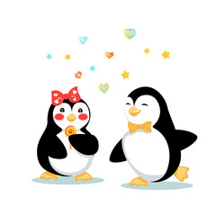 Cartoon Penguins fell in love on date. Hearts and stars fly over them filling the air with romantic joy. Vector illustration on white background.