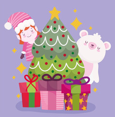 Fototapeta na wymiar merry christmas bear helper tree and gifts decoration and celebration