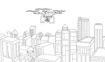 Vector illustration of a line drawing of a drone flying over the city. The concept of introducing technology into people's lives, surveillance and harassment