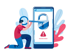 The man opens the virtual lock on the phone. The concept of a vector illustration on the theme of mobile phone hacking and hacker attacks.