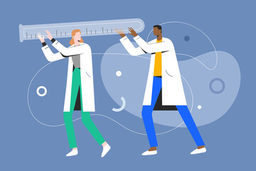 Tiny doctors carrying a huge glass tubing, medical research concept, vector illustration, cartoon characters, lab studies.
