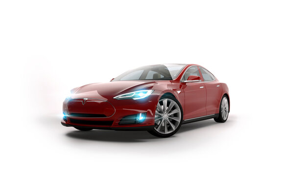 Almaty, Kazakhstan February 28, 2019. Tesla model S on industrial background. Electric car. 3D render.