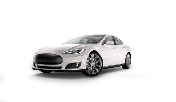 Almaty, Kazakhstan February 28, 2019. Tesla model S on industrial background. Electric car. 3D render.