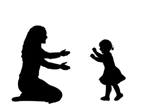 Silhouette of little daughte taking the first steps towards his mother