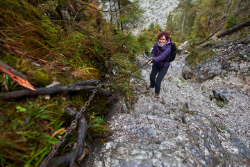 Fototapeta premium Tourist woman hiking in the mountains