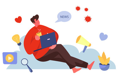 Man Character Sitting on Cloud in Medical Mask Watching Global or Fake News about Coronavirus on Laptop.News Cloud and Communication Over Internet.Social Media Networking.Flat Vector Illustration