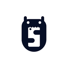 Cute monster bot eating smartphone logo illustration, letter S abstract logo design.