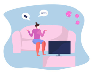 Young Woman Character Sitting on Couch in Medical Mask Watching the Global or Fake News about Coronavirus on TV at Home.
Social Media Networking and Loudspeaker News.Flat Vector Illustration