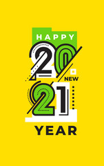 2021 Happy New Year logo text design. 2021 number design template. Lettering of 2021 symbol yellow color background