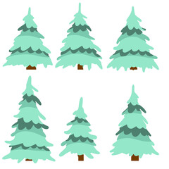 Set of winter tree. Snow on branches. Element of nature and forests. New year and Christmas decorations. Cartoon flat illustration. Cold season