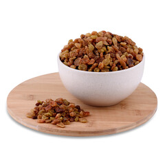 Yellow raisins in white ceramic bowl on wood board isolated on white background, copy space.