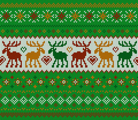 Knit Christmas seamless pattern. Green print with deers. Vector. Knitted sweater texture. Xmas geometric background. Holiday fair isle traditional ornament. Festive pullover. Wool illustration.