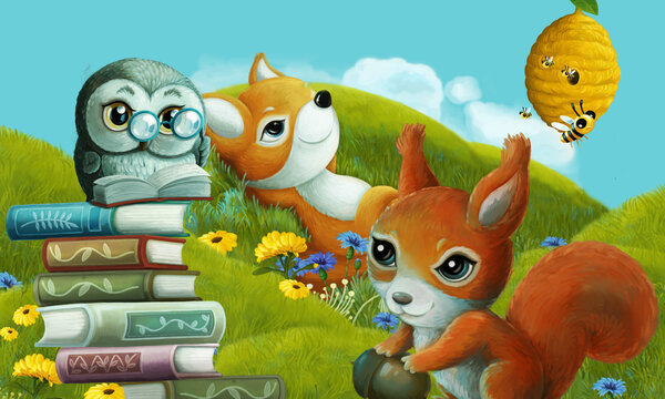 cartoon scene with forest animal on the meadow having fun - illustration © honeyflavour