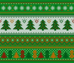 Knit Christmas pattern. Xmas seamless background with tree and snowman. Vector. Festive winter green texture. Holiday traditional print. Knitted sweater ornament. Wool fair isle pullover. Illustration