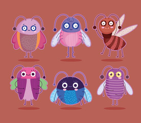 cute bugs insects animal in cartoon style icons set
