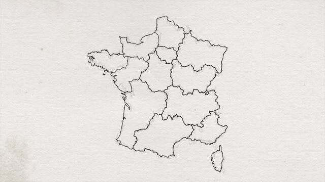 France Map Drawing Showing Up Intro With New Regions/ 4k animated france map drawing intro background with new administrative regions appearing and ink texture