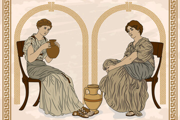 Fototapeta premium Two ancient Greek Woman sits on a chairs and drinks wine from a jug. Antique fresco on a beige background.