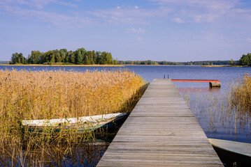 Beautiful landscape with a lake and a boat dock. Vuoksa lake - a picturesque lake in Leningradskaya oblast, Russia