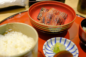 Unadon (Japanese rice bowl topping with grilled japanese freshwater eel with Teriyaki sauce). Unagi don - Japanese food style