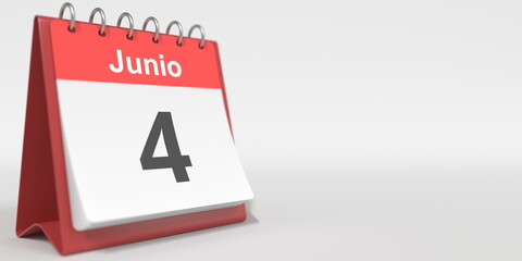June 4 date written in Spanish on the flip calendar, 3d rendering