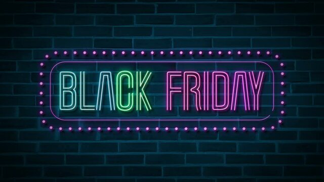 neon black friday sign with dots.4k video.motion animation.brick wall