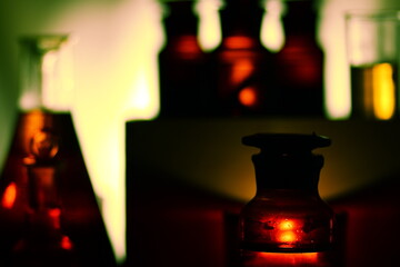 Still life of brown bottles with a ground lid. Chemistry / Alchemy lab. 