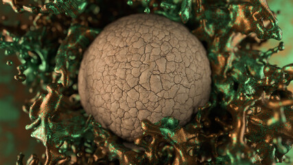 close up of a soil mud ball inside liquid metal