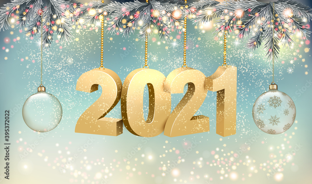 Poster merry christmas and new year holiday background with 2021 and transparent balls. vector.