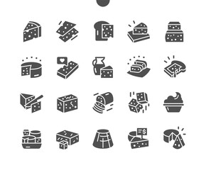 Different sorts of cheese. Feta, cheddar, gouda, mascarpone. Food shop, supermarket. Menu for restaurant and cafe. Vector Solid Icons. Simple Pictogram