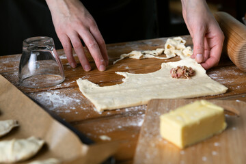 Women preparing homemade food pie, pizza in a cozzy kitchen. Hobbies and family life concept.