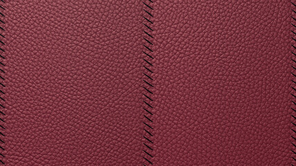 Bovine coarse-grained leather background with decorative stitch on top of the stitch. Dark red leather texture, closely sewn with dark threads in vertical stripes. 3D-rendering