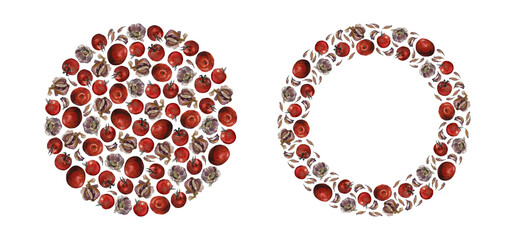 Wreath and round arrangement of red tomatoes and garlic cloves and bulbs, isolated on white. Watercolor illustration. For card, invitation, recipe, cookbook, menu, stationery and packaging design.