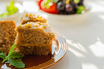 Coffee cake layered with coffee buttercream and walnuts, Colombian coffee and walnut cake