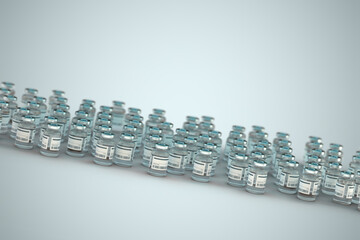 Photo-real 3D render of vaccine vials with barcode & English instructions on white background with space for copy.